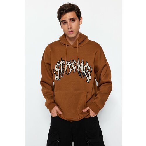 Trendyol Light Brown Men's Oversize/Wide-Cut Fleece Inner Hoodie with Text Embroidered Sweatshirt. Cene