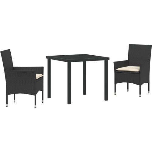 VidaXL 3-dijelni vrtni set za objedovanje s jastučićima Crni poli ratan, vrtni stol Crni 80x80x73 cm od kaljenog stakla Slike