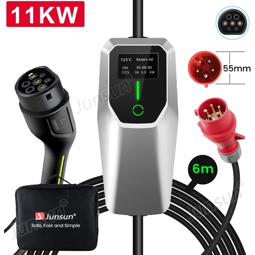 JUNSUN Tip 2 EV električni avtomobilski polnilni kabel – enofazni 11 kW, nastavljiv tok, LCD zaslon, prenosni polnilnik 6 m z vtičem CEE 16A IP67 APP, (22122927) Cene