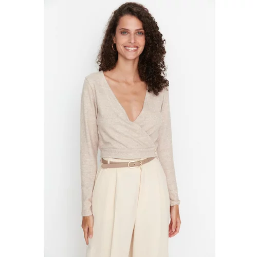 Trendyol Beige Melange Double Breasted Collar Soft Knitted Blouse
