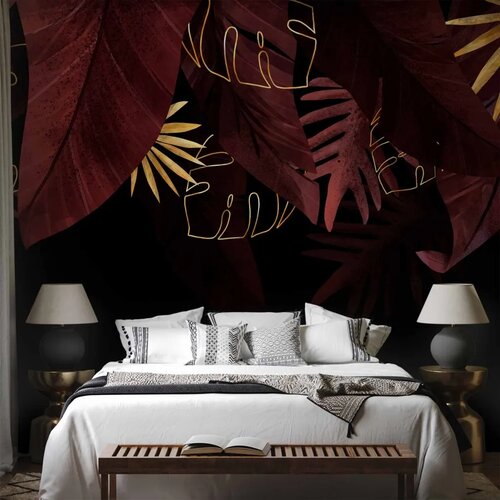  Foto tapeta - Jungle and composition - red and gold leaf motif on black background 150x105 Slike