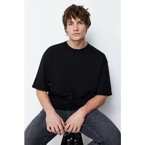 Trendyol Basic Black Men's Oversize/Wide Cut 100% Cotton Stitched Double Sleeve T-Shirt Slike