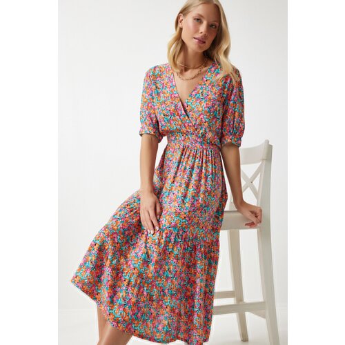  Women's Pink Green Wrap Collar Floral Summer Viscose Dress Cene