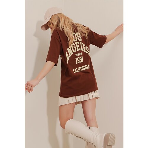 Trend Alaçatı Stili T-Shirt - Brown - Oversize Slike