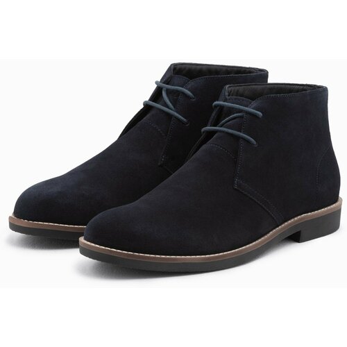 Ombre Men's leather tied ankle boots - navy blue Slike