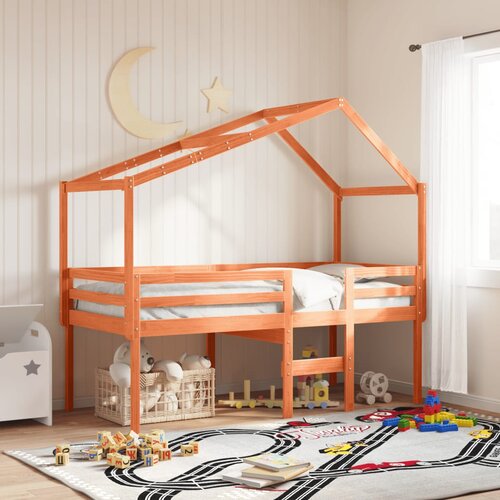  The Living Store Visoka postelja s streho vo&amp;scaron;čeno rjava 75x190 cm trdna borovina - Visoka Postelja, (21497422) Slike