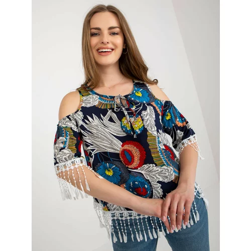 Fashion Hunters Dark blue summer blouse with print and fringe