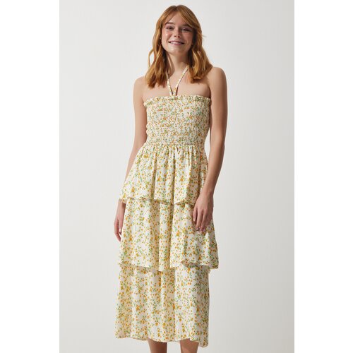 Happiness İstanbul Women's Ecru Yellow Floral Flounce Summer Viscose Dress Slike