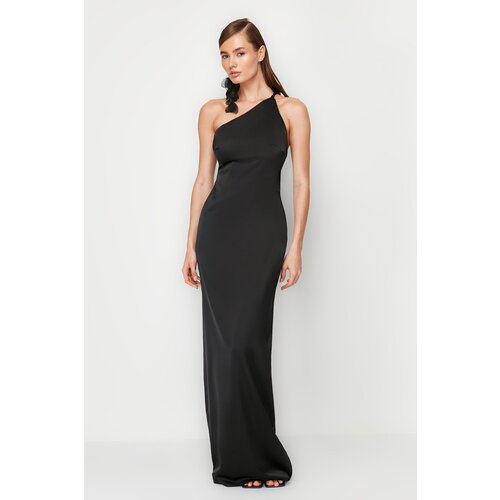 Trendyol Black Satin Rose Detailed Long Evening Evening Dress Slike