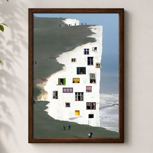 Wallxpert uramljena MDF slika 3752KACT-066, bela litica sa prozorima kuća iznad mora, 37 x 52 cm Slike