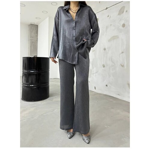 BİKELİFE Women's Gray Satin Shirt Pants Suit Slike