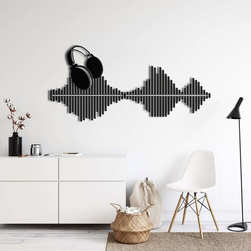 Wallxpert metalni zidni ukras 5384, zvučni talas sa slu&scaron;alicama, 75 x 36 cm, crni Cene