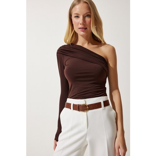  Women's Brown One-Shoulder Gathered Detailed Knitted Blouse Cene