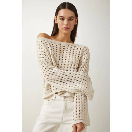  Women's Cream Openwork Crop Knitwear Sweater