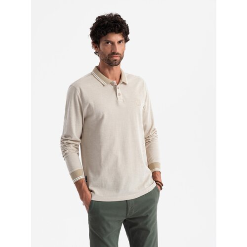 Ombre Men's melange polo longsleeve with embroidery - sand melange Cene