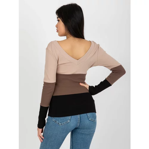 Fashion Hunters Beige and black women's basic striped blouse by RUE PARIS