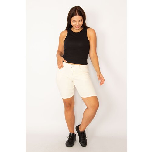 Şans Women&amp;#039;s Large Size Beige 5 Pocket Gabardine Fabric Shorts Slike