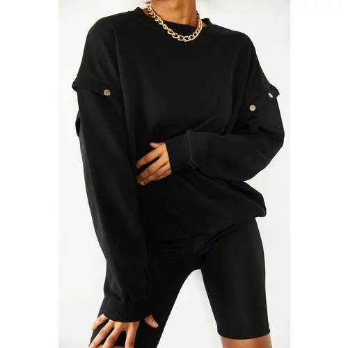 XHAN Women's Black Snap Detailed Sweatshirt