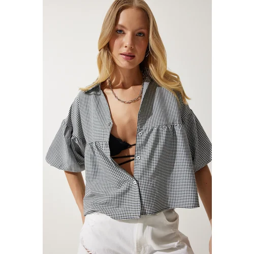  Women's Black Balloon Sleeve Gingham Woven Shirt