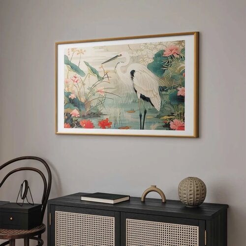  Plakat - Over the Asian Pond - illustration in the Japanese print style featuring a heron 90x60 Zlatni okvir s margom Slike