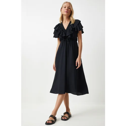 Happiness İstanbul Women's Black Flounce Summer Elastic Knitted Dress