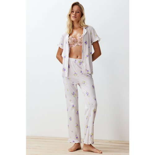Trendyol Ecru-Multicolor 100% Cotton Floral Frill Detailed Knitted Pajamas Set Slike