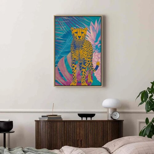  Slika - Exotic Leopard - Colorful Portrait of a Cheetah Against Tropical Leaves 80x120 U prirodnom drvenom okviru Slike