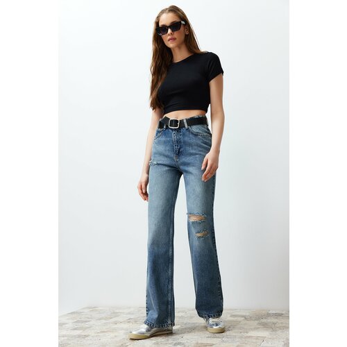 Trendyol Blue More Sustainable Ripped High Waist Wide Leg Jeans Cene
