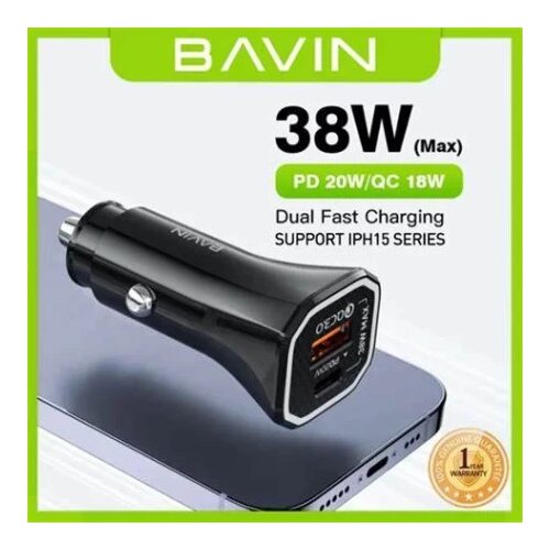 BAVIN auto punjač max 38W PD20W+ QC3.0 USB-A + USB-C crna ( 90025 ) Cene