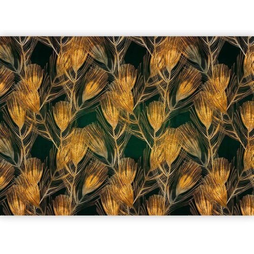  Foto tapeta - Golden peacock feathers - solid background with bird pattern on green background 400x280 Slike