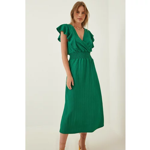 Happiness İstanbul Women's Green Ruffle Textured Knitted Dress