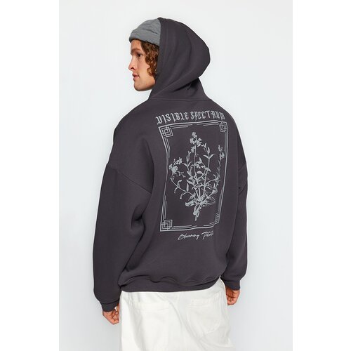 Trendyol Anthracite Men&amp;#039;s Oversize Hooded Fluffy Floral Print Fleece Inner Sweatshirt. Slike