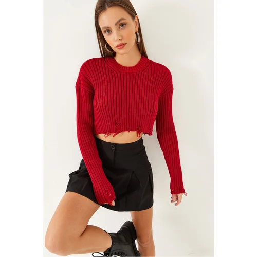 Bianco Lucci Women's Crew Neck Ripped Detail Crop Knitwear Sweater