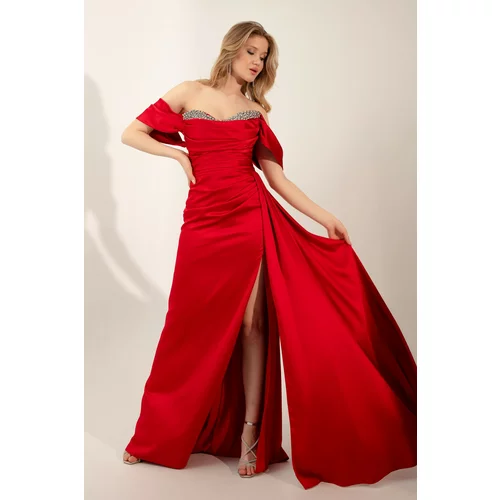 Lafaba Women's Red Boat Neck Slit Long Satin Evening Dress.