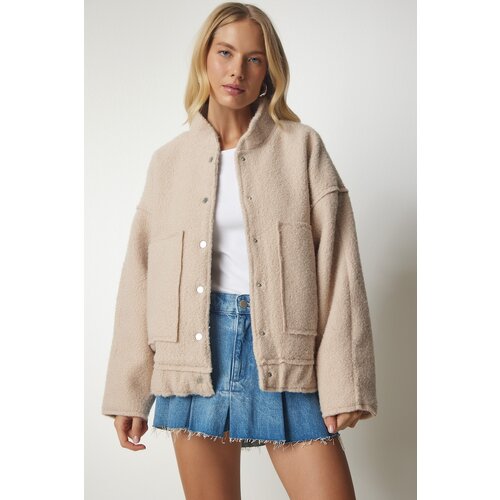  Women's Beige Snap-On Oversize Boucle Jacket Cijene