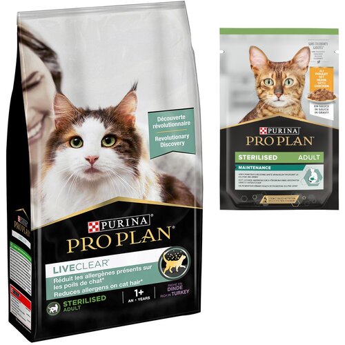 Pro Plan suha mačja hrana + 6 x 85 g mokre hrane gratis! - LiveClear Sterilised Adult puran (1.4 kg) + Pi&scaron;čanec (6 x 85 g) Cijene