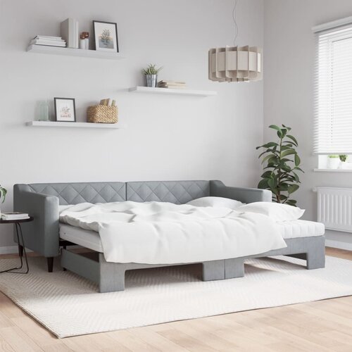 VidaXL Izvlečna dnevna postelja z vzmetnicami sv. siva 90x200 cm blago Slike