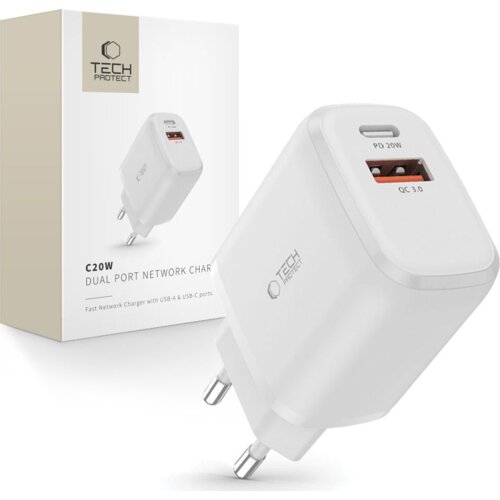 TECH-PROTECT C20W 2-PORTNI OMREŽNI POLNILEC PD20W/QC3.0 BEL, (5000302938) Slike