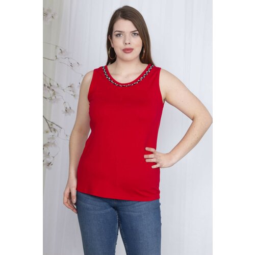Şans Women's Plus Size Red Collar Detailed Sleeveless Blouse Slike