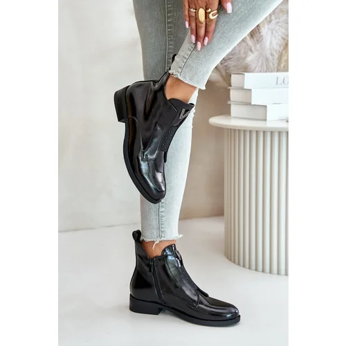 Kesi Patent leather women's ankle boots with a flat heel insulated black S.Barski black