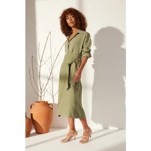 Trendyol Green 100% Linen Tie Midi Skirt