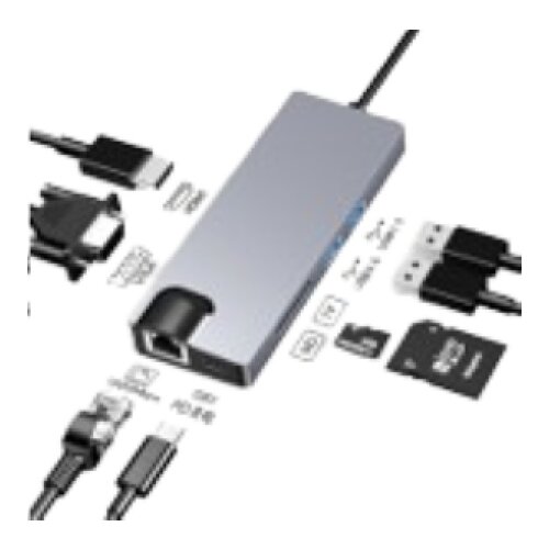 Stars Solutions USB-C na HDMI/VGA/USB/SD/TF/LAN/PD sivi Adapter Slike
