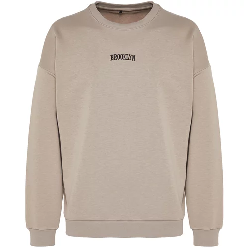 Trendyol Men's Mink Oversize/Wide-Fit Crew Neck Brooklyn City Text Embroidered Thick Cotton Sweatshirt