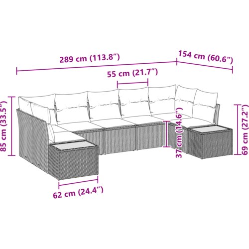  7-dijelni vrtni kauč set s jastucima crni poli ratan akacija Slike
