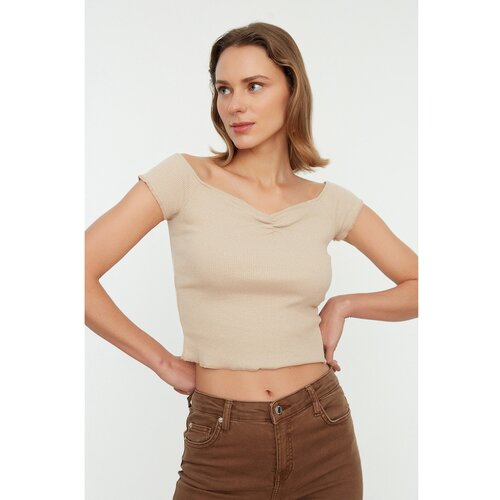 Trendyol Stone Carmen Collar Corduroy Knitted Blouse Slike