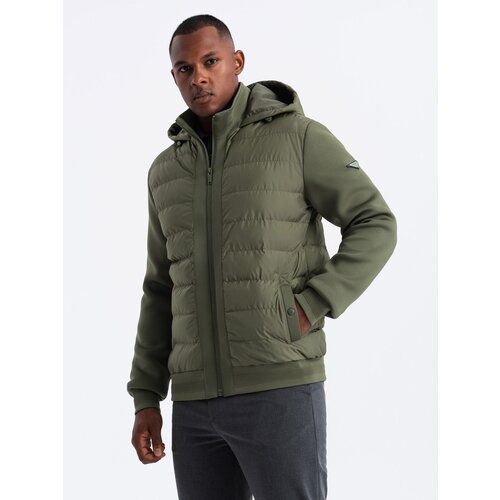 Ombre Men&amp;#039;s quilted bomber jacket with high collar - dark olive green Slike