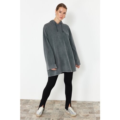 Trendyol anthracite acid washed hooded oversize knitted sweatshirt Cene