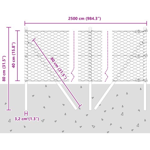 VidaXL heksagonalna ograda siva 0,4x25 m čelik, stupovi ograde 13 kom sivi &amp;Oslash;32 mm 80 cm pocinčani čelik Slike