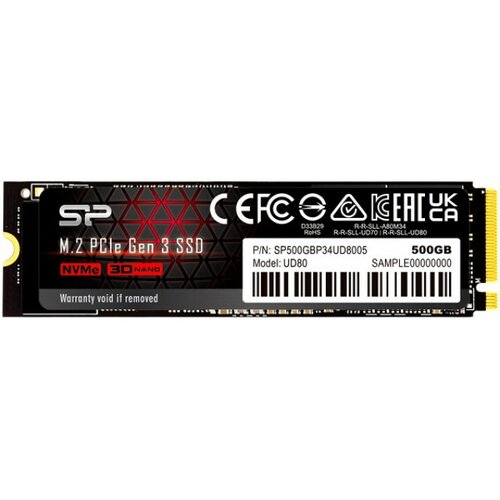 Silicon Power M.2 NVMe 500GB SSD, UD80, PCIe Gen 3x4, 3D NAND, Read up to 3,400 MB/s, Write up to 3,000 MB/s (single sided), 2280 Slike