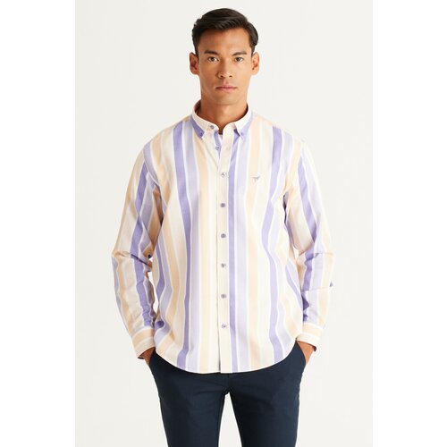 AC&Co / Altınyıldız Classics Men's BEIGE LILA Comfort Fit Comfortable Cut Collar Striped Cotton Shirt with Buttons. Cene